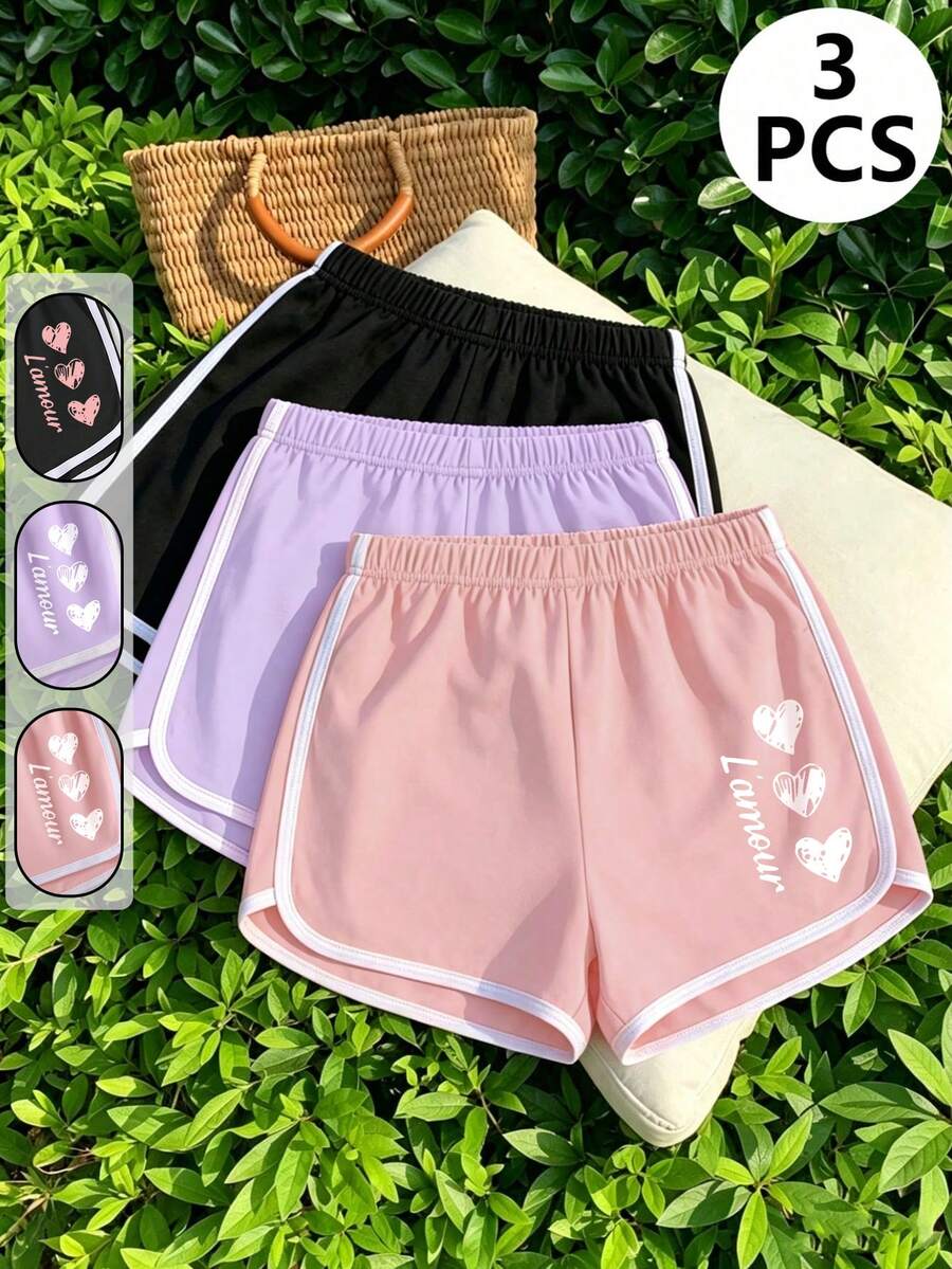 3pcs/Set Girls' Cute Heart Print Sports Shorts, Soft & Comfortable Casual Shorts For Summer, Suitable For Teens - Multicolor - View 1