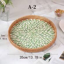 1pc Pearl Shell Inlaid Wooden Base Woven Rattan Decorative Tray, Not For Food Contact, Home Decor - Yellow - View 13