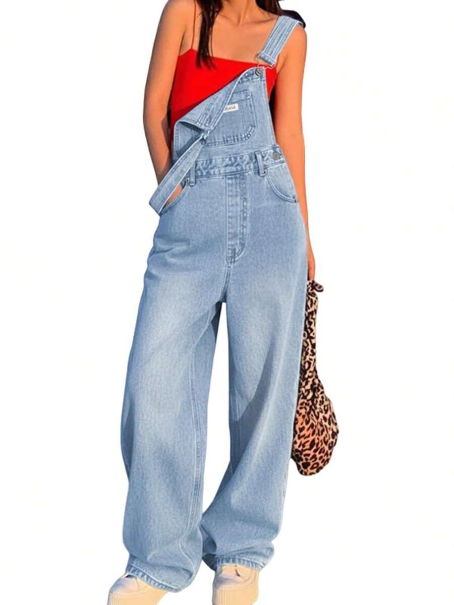 2026 Summer Denim Bib Overalls For Women, Casual Jean Jumpsuit Loose Fit, Sleeveless Washed Denim Long Overall Tank Vest For 90s Retro Style - 天藍色 - 查看 1