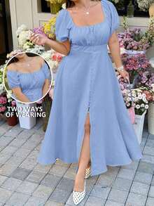 GalTyme Vestido de talla grande con textura trenzada de nudos de bambú - Celeste - Ver 3