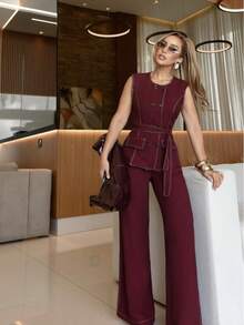 Women's Sensorial Marrante Set – Wide-Leg Pants With Elastic At The Back + Blouse/Vest With Buttons - Gỗ đỏ - Xem 2