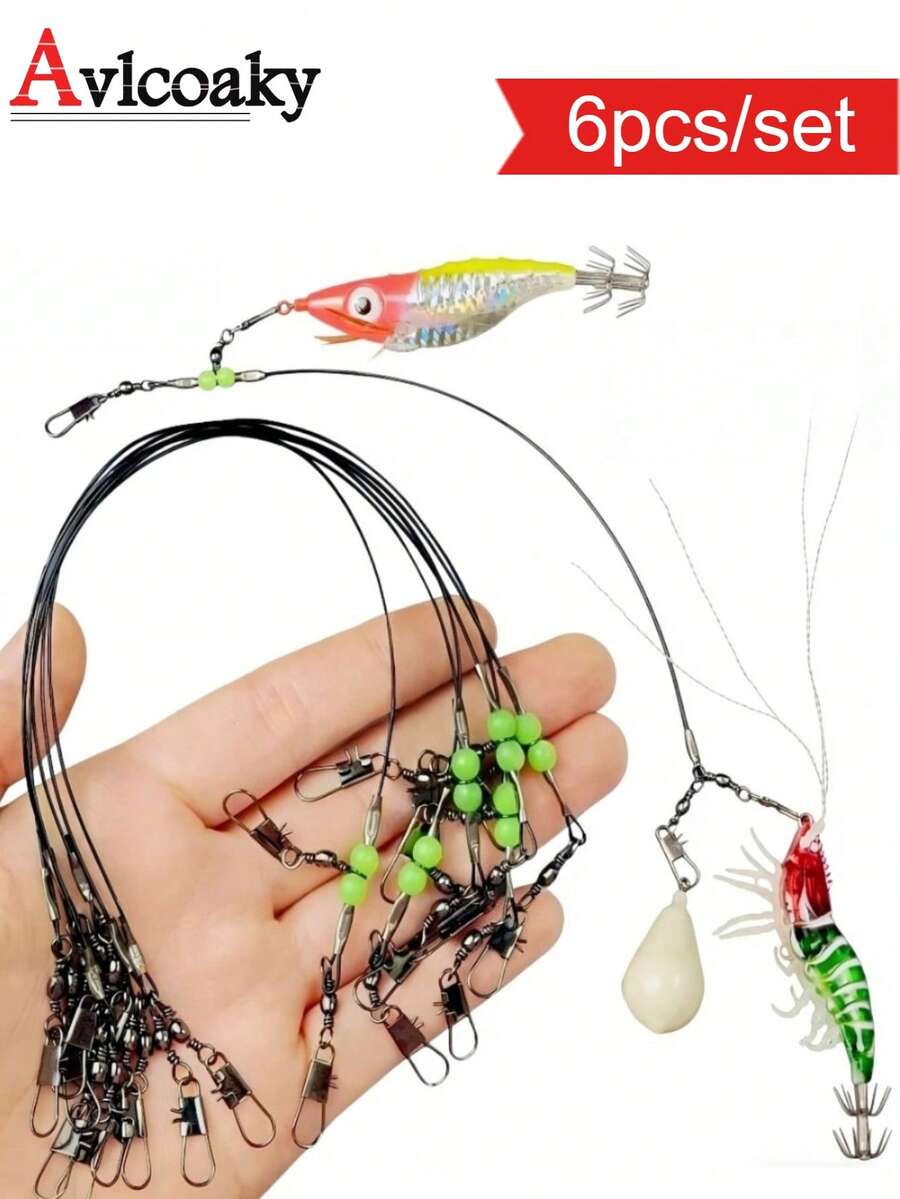 Avlcoaky 6 buc/lot 20 cm calamar pescuit lider rig cu mărgele luminoase pivotant Snap conector pentru caracatiță sepie mare apă sărată aborda - Multicolor - Vizualizare 1