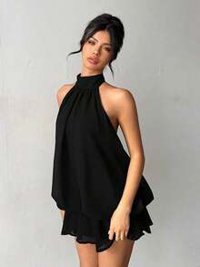 Vestido mini elegante de mujer con cuello halter y lazo en color amarillo claro - Negro - Ver 9