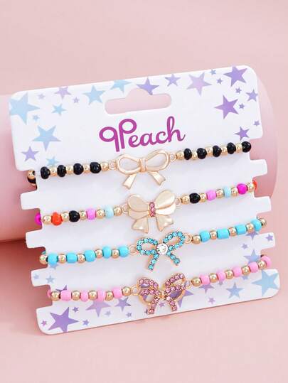 Bộ 4 vòng tay đính đá hình nơ nhiều màu sắc cho bé gái, quà tặng sinh nhật/tiệc tùng/ngày lễ cho con gái/cháu gái.