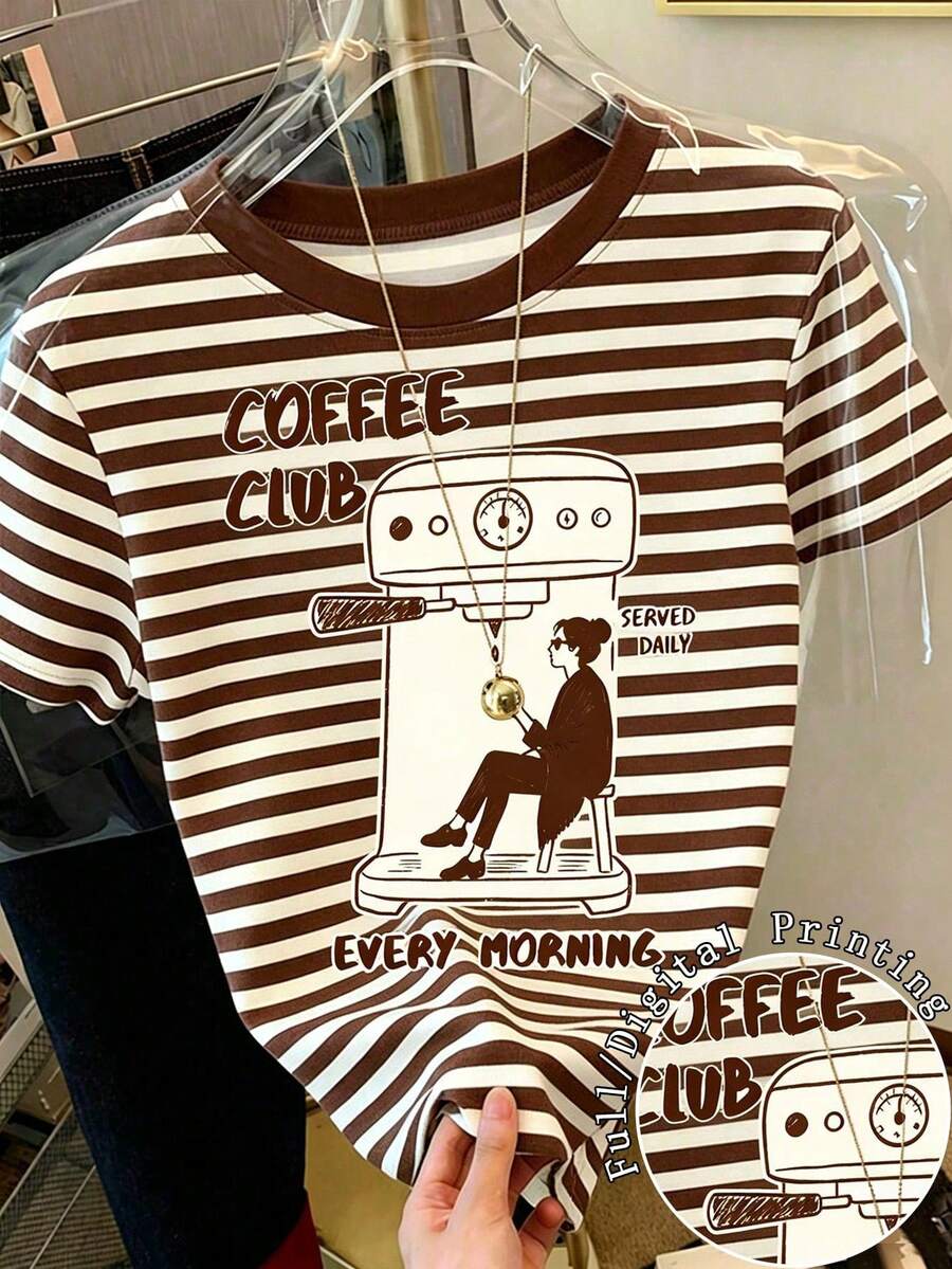 Áo thun nữ tay ngắn cổ tròn in chữ và sọc của Coffee Club Graphic, trang phục mùa hè cho nữ, màu trắng. - trắng - Xem 1
