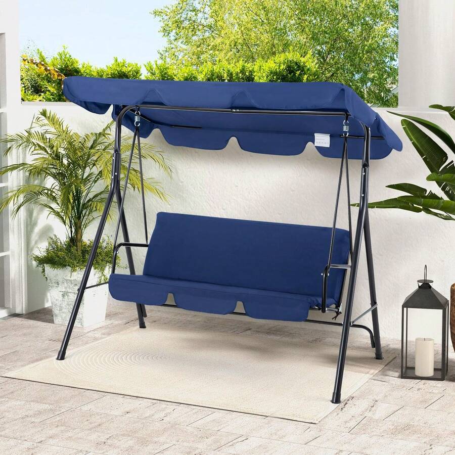 YODOLLA Outdoor Patio Swing Chair, 3 Seater Canopy Swing With Removable Cushion And Weather Resistant Powder Coated Steel Frame - Navy Blue - View 1