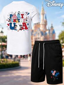 Disney "Party In The USA" 2-Piece Outfit, Summer T-Shirt & Summer Shorts Set, 4th Of July Mickey & Friends Graphic, Patriotic Casual Summer Outfit - 白色 - 查看 2
