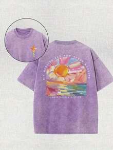Tops230g Washed, A Beautiful Day Starts From The Morning Sun Printed T-Shirt, High-Quality Wax Printed Cotton Retro Fashion Brand T-Shirt, Beach Essen - 紫色 - 查看 1