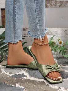 Spring/Summer Green Satin Square Toe Bow Flat Slippers. Gentle Style Indoor/Outdoor One-Strap Slippers. - Green - View 3