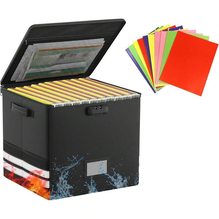 Caja de Archivos Lgnífuga con Cerradura, Caja Organizadora Documentos con Tapa, Viene con 10 Carpetas Colgantes, Impermeable, Almacenamiento Plegable, Adecuado para Oficina, Hogar y Viajes - 1 - Ver 1
