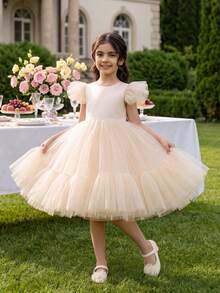 Đầm voan màu mơ cho bé gái, đầm công chúa thích hợp cho tiệc sinh nhật, đám cưới, cuộc thi sắc đẹp, lễ tốt nghiệp, trình diễn thời trang. - Màu be - Xem 1
