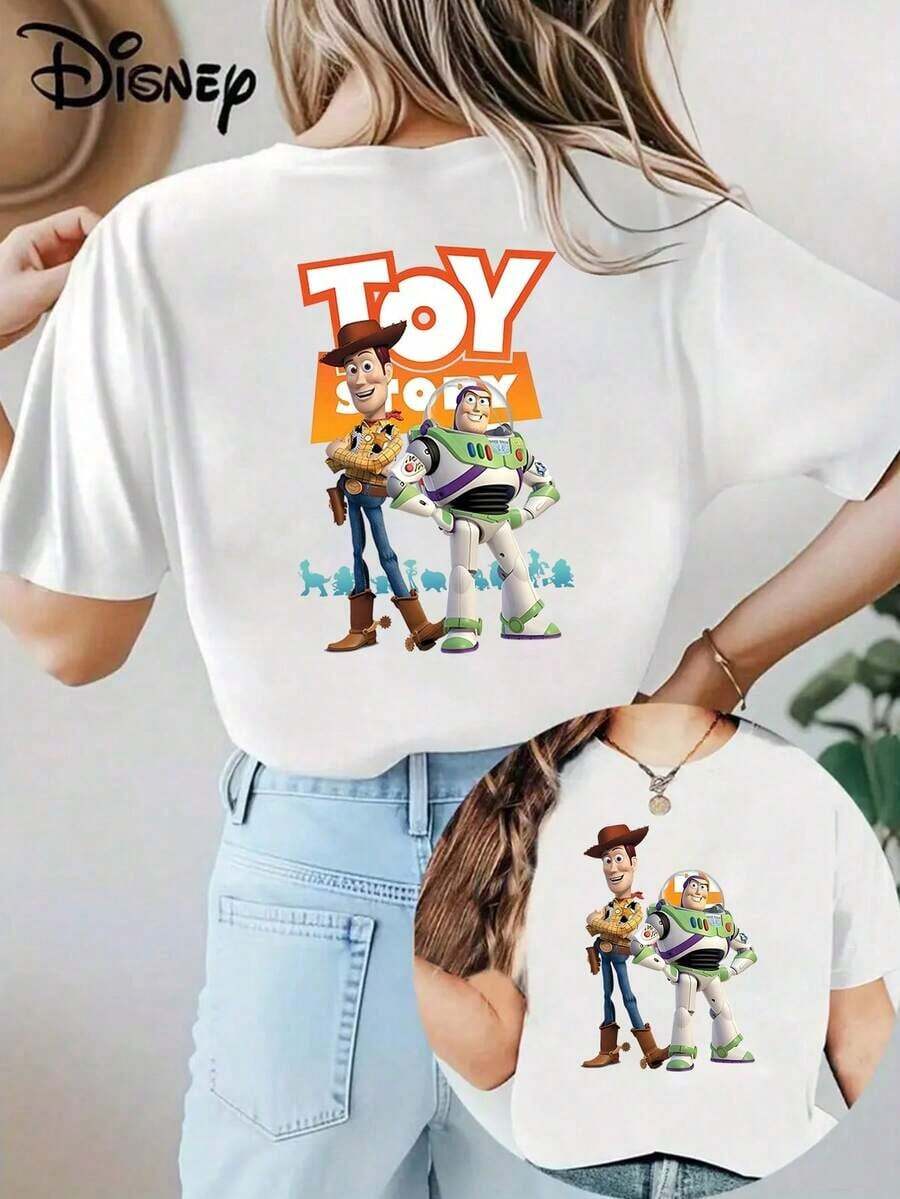 Disney Loose Version Toy Story Woody Buzz Lightyear Printed T-Shirt, Suitable For Summer And Spring, Short Sleeved Tops, Women's Clothing, Holiday Gift Party Costumes. - trắng - Xem 1