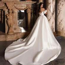 Luxurious Off-Shoulder Satin Ball Gown Wedding Dress With Puff Sleeves And Sweep Train – Classic Elegant Bridal Gown For Church Or Grand Hall Wedding – All Seasons - 白色 - 查看 6