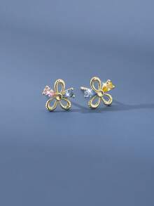 1 Đôi bông tai bạc S925 hình hoa rỗng đính đá Cubic Zirconia, kiểu dáng tinh tế, thích hợp cho người đi làm, thiết kế độc đáo và sang trọng. - hoa - Xem 6