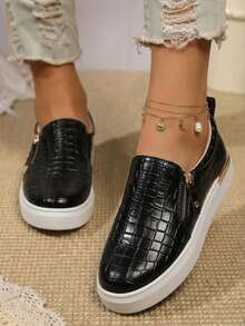 Women's Slip On Loafers With Arch Support & Side Zipper – Casual Fashion Sneakers 8010 - blackcroco - View 2