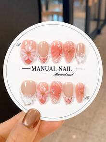 JUTI Ongles faux à presser courts en amande 100% faits main, dégradé œil de chat rose nude et marron avec fleur 3D sculptée à la main, perles et perles dorées, brillants pour mariage, rendez-vous, port quotidien en été, set avec lime à ongles et gel de colle - Multicolore - Voir 11
