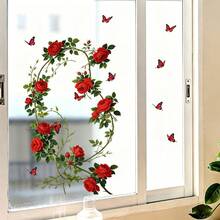 1pc Red Rose Vine Butterfly Glass Sticker, Romantic Wreath, Bathroom Window Decor - Multicolor - View 4