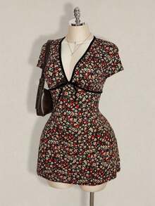 ICON Vestido de línea A con cuello en V profundo, manga corta, cintura con lazo y estampado floral diminuto, adecuado para volver al colegio, uso casual, vacaciones, verano, talla grande estilo retro Y2K - Multicolor - Ver 4