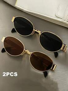 2 Pairs Retro Metal Oval Frame Glasses, Bohemian Contrast Color Design, Suitable For Summer Beach, Outdoor Activities And Travel - Multicolor - View 1