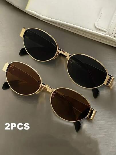 2 Pairs Retro Metal Oval Frame Glasses, Bohemian Contrast Color Design, Suitable For Summer Beach, Outdoor Activities And Travel