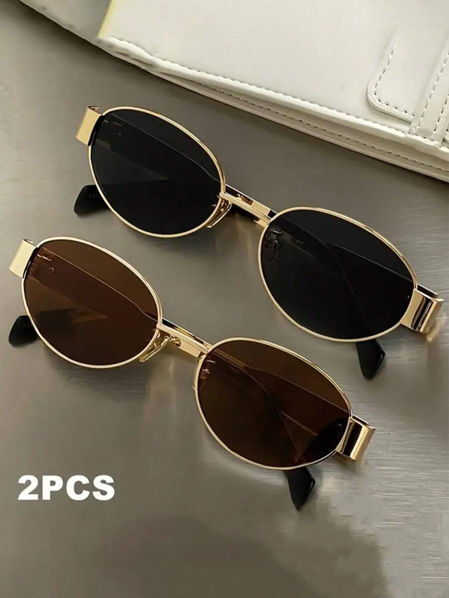 2 Pairs Retro Metal Oval Frame Glasses, Bohemian Contrast Color Design, Suitable For Summer Beach, Outdoor Activities And Travel - Multicolor - View 1