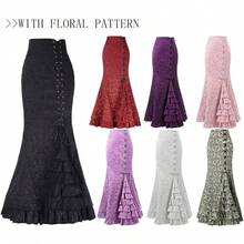 Falda larga de sirena gótica victoriana vintage para mujer de WrongDuck, falda maxi de cintura alta con volantes y corte de cola de pez. - Negro - Ver 6