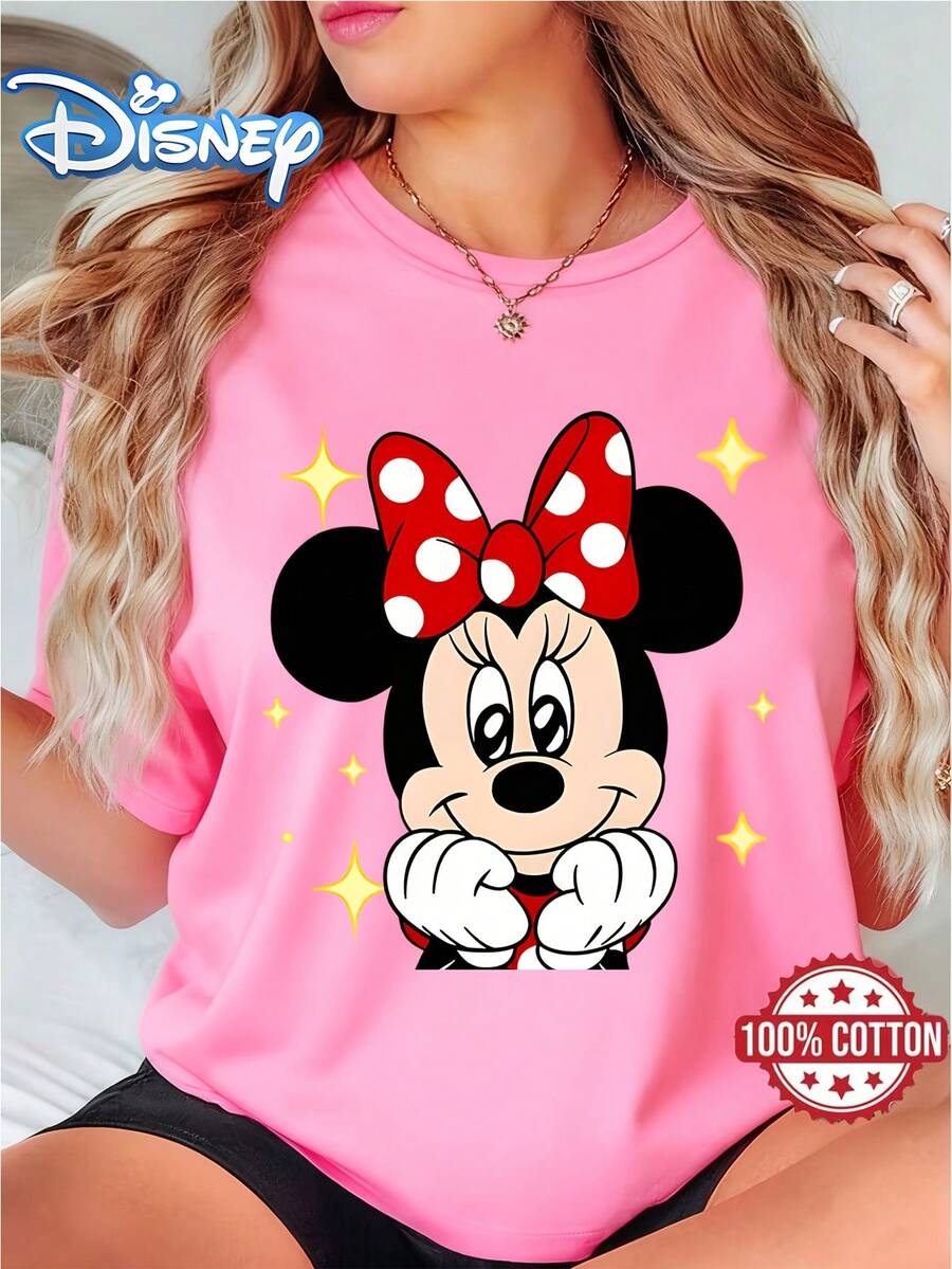 Women's Officially Licensed Disney Minnie Mouse T-Shirt - Minnie Cupping Face & Star Print, Soft Breathable Pure Casual Summer Blouse Suitable For Spring Summer Birthday Outfit Or Gift (Iconic Minnie Face) - 粉色 - 查看 1