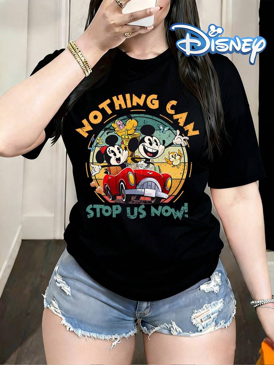 DISNEY Women's Mickey & T-Shirt - Mickey Ears & Minnie All-Over Print Round Neck Summer Casual Top, Machine Washable Gift Suitable For Spring/Summer Wear, Themed Outfits For, Picnic, Everyday Outfits - Black - View 1