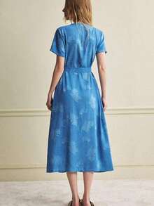 Vestido midi azul de mujer, estilo vintage, manga corta y escote en V, con lazada en la cintura y diseño holgado, elegante y versátil para primavera y verano - Azul - Ver 2