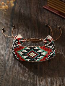 Vòng tay dệt thủ công, phong cách Bohemian, vòng tay thời trang cho nam và nữ, vòng tay đôi, họa tiết hình thoi hình học, bất đối xứng, phù hợp để đeo hàng ngày, dự tiệc, quà tặng dịp lễ, màu đen và đỏ, vòng tay cá nhân hóa. - màu đen - Xem 4