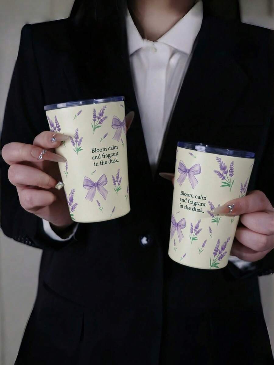 1件 350ml/11.8 Oz 紫色薰衣草真空保溫隨行杯，附飲用杯蓋，雙層不鏽鋼水瓶，真空水杯，適合旅行健身戶外運動車用杯架，節日禮物保溫水杯