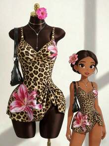 2pcs/Set Summer Hot Selling Beach Vacation Adjustable Strap Metal Decor Floral Print Swimsuit Top And Bottoms - Multicolor 6 - Ver 12
