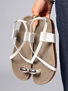 Summer New Metal Decor Strap Flat Sandals For Women - White - View 8