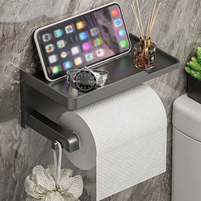 1 chiếc kệ đựng giấy vệ sinh 2 trong 1, chất liệu nhựa, giá đựng giấy vệ sinh có kệ, giá để giấy vệ sinh treo tường, kệ đựng giấy vệ sinh, phụ kiện phòng tắm, đồ dùng và sắp xếp phòng tắm.