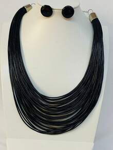 Maxi Waxed Multi-Strand Necklace Set With Button Earrings - 黑色 1 - 查看 2