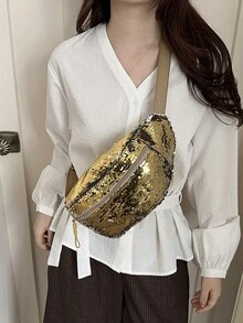Túi đeo hông đính kim sa vàng, túi ngực đính kim sa lấp lánh, túi đeo chéo phong cách dự tiệc, túi xách đa năng sang trọng màu bạc. - Vàng - Xem 7