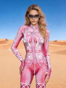 音樂節與 Burning Man 穿搭未來感連身褲，賽博龐克粉色幾何連身褲，賽博龐克風格秋季連身褲 - 粉色 - 查看 5
