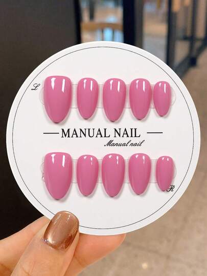 JUTI 10pcs Handmade Short Almond/Medium Rectangle Rose Pink Nail Stickers, Featuring Glossy Finish Design And Elegant Pointed Tip Shape. These Nail Stickers Are Handpainted With Glossy Finish, Showcasing A Minimalist Chic Style. Suitable For Both Mature And Youthful Looks, Fit For Various Occasions, And Easy To Remove Nail Stickers.