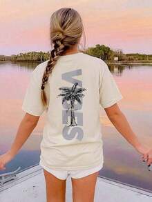 TopsWomen's Minimalist Coconut Tree Slogan Print Casual Round Neck Short Sleeve T-Shirt, Simple & Versatile, Suitable For Daily & Holiday Wear. Graphic Tee, Women, White, Black, Pink Women's Summer Cotton Short Sleeve T-Shirt, Beach Vacation, Literary & Fresh StyleLoose And Comfortablesummer Tops - 粉色 - 查看 10