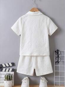 Purechapter 2pcs/Set Tween Boys Textured Fabric Geometric Embroidery Pattern Polo Shirt And Shorts Set, Summer - White - View 3