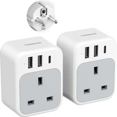 TESSAN USB C Travel Adapter UK To Europe With 3 USB, 4 In 1 Type E F EU Plug For Euro Spain France Turkey Germany Egypt Norway Iceland Greece Portugal Poland,2 Pack