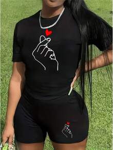 Plus-Size Women's Two-Piece Set, Popular European And American Fashion Suit In Summer, Heart-Pattern Printed Short-Sleeve Top And Bottom Set, Suitable For All Seasons. Heavyweight Women's Suit, Sports Suit, National Independence Day Free Dress, Mother's Day - 黑色 - 查看 2