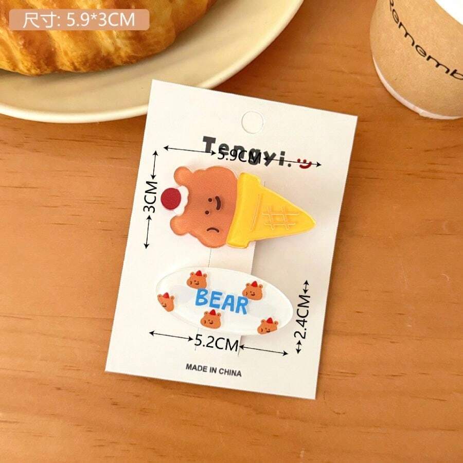 New Cute Pet Kitten Hair Clip For Girls, Versatile Bangs Clip Side Clip, Sweet Broken Hair Duckbill Clip Headgear - 1# 冰淇淋小熊髮夾 - 查看 1