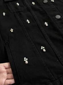 pthirillo Women's Black Denim Jacket Maxi Oversized Denim Black Cotton Long Sleeve Premium Street Style Retro Casual Loose Fit With Pockets Cowboy Style Show Pearls | Basic - 水滴和水鑽 - 查看 6