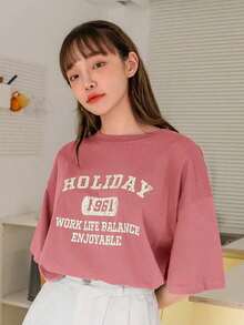 Camiseta de verano oversize con gráfico de letras y hombros caídos - Rosa - Ver 11