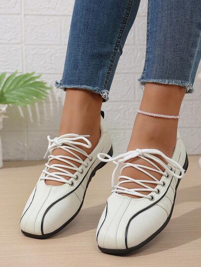 Women's Lace-Up Contrast Color Stripe Soft Bottom Comfortable Square Toe Low-Top Ballet Flats, Korean Minimalist Gentle Style, Suitable For Daily, Commuting And Casual Wear, Available In White And Black, Canvas Patchwork Material, Lightweight Ballet Flats