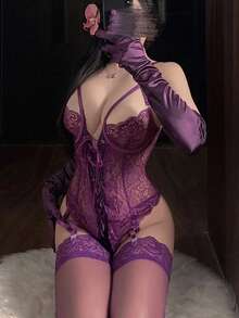 Sexy Floral Lace Corset Lingerie Set With Garter Belt, Transparent Panties And Luxury 7/8 Stockings - 紫丁香色 - 查看 2