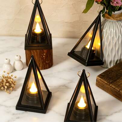 Retro Black Mini Triangle LED Flame Light, Simulated Fire Electronic Candle Lamp, Desktop Decor Small Night Light, Home Bedroom Candlelight Dinner Atmosphere Lamp