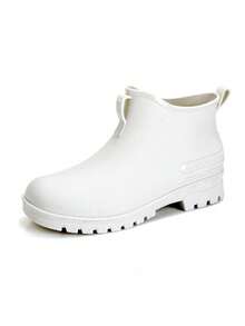 Botas de lluvia unisex para hombre y mujer, diseño sencillo de color sólido ideal para parejas, calzado exterior impermeable con suela antideslizante y resistente al desgaste, versátiles para combinar cualquier look, perfectas para días lluviosos, acampadas, pesca y paseos en la playa. - Blanco - Ver 2