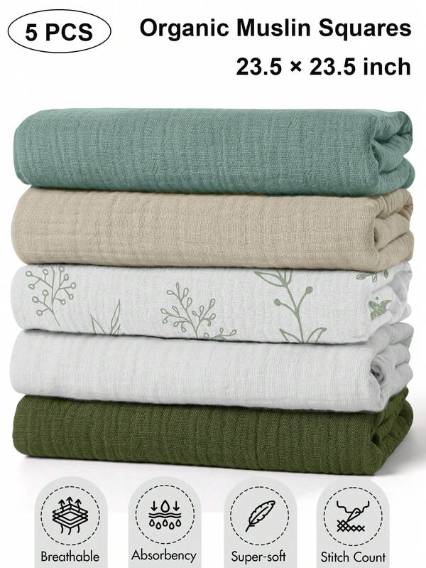 5pcs Baby Muslin Swaddle Blankets, 23.5 X 23.5 Inch Large Soft Breathable Muslin Blankets For Newborn Boys And Girls